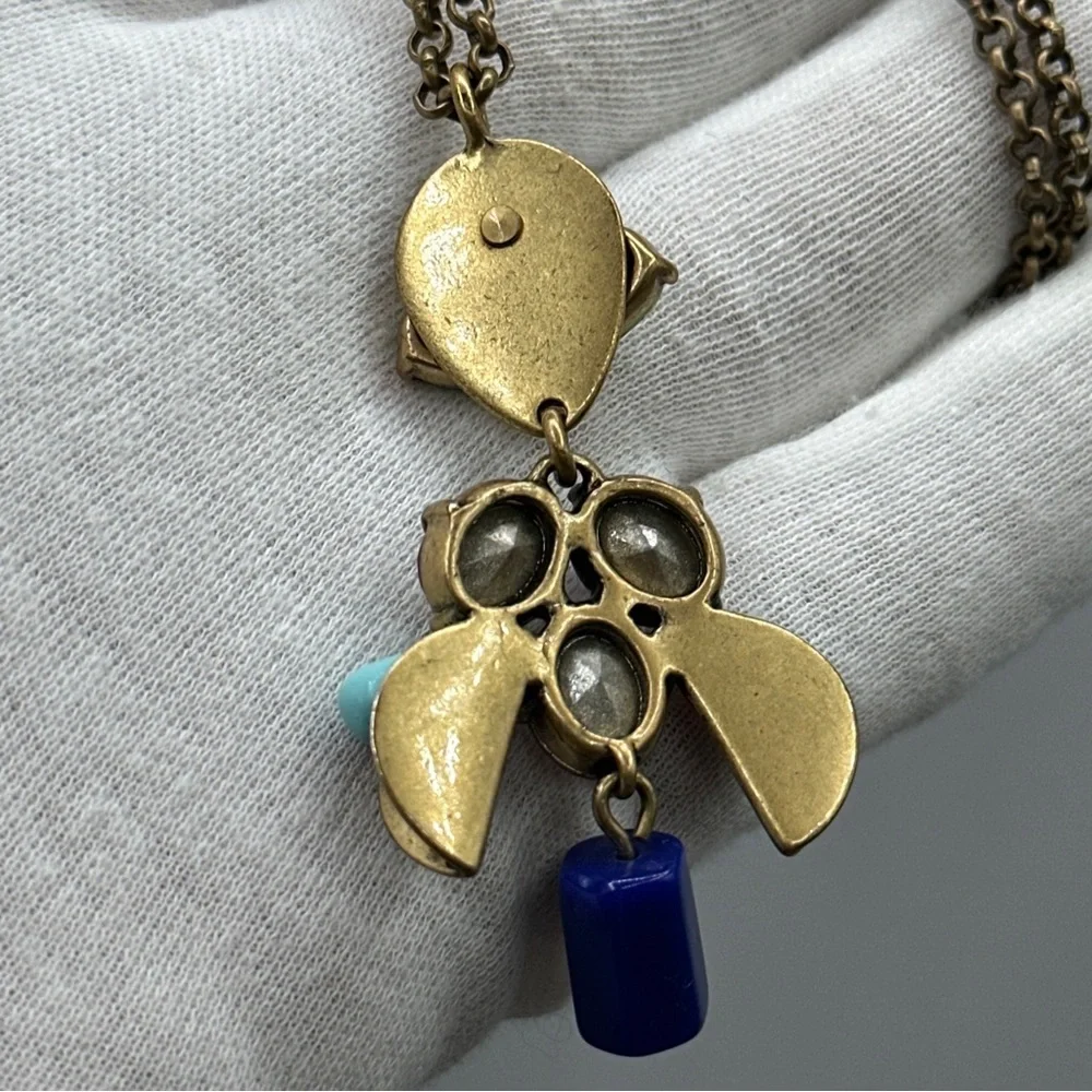 J CREW Antique Brass Glass Rhinestones flowers pendant, necklace‎ # 77